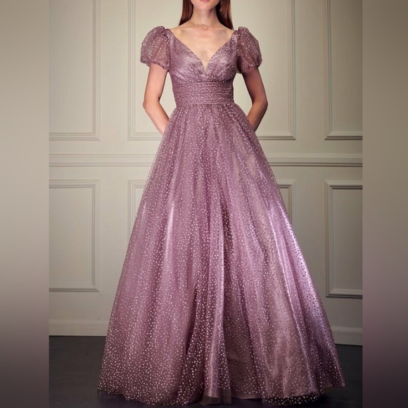 COPY Mauve pink tulle glitter embroidered puff sleeve gown
